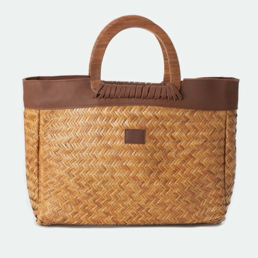 Brixton Straw Woven Tote Natural Brown Bag Top Wood Handle Tote Carry All NWOT
